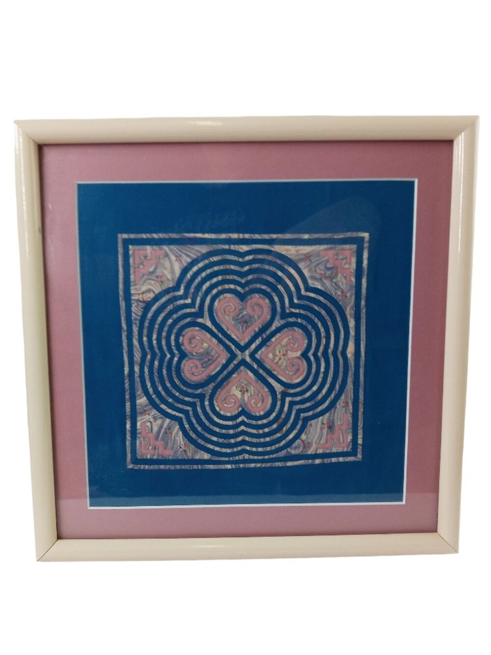 Framed Heart Textile Art Hmong Pandau Needle Design Flower Cloth Pink Blue